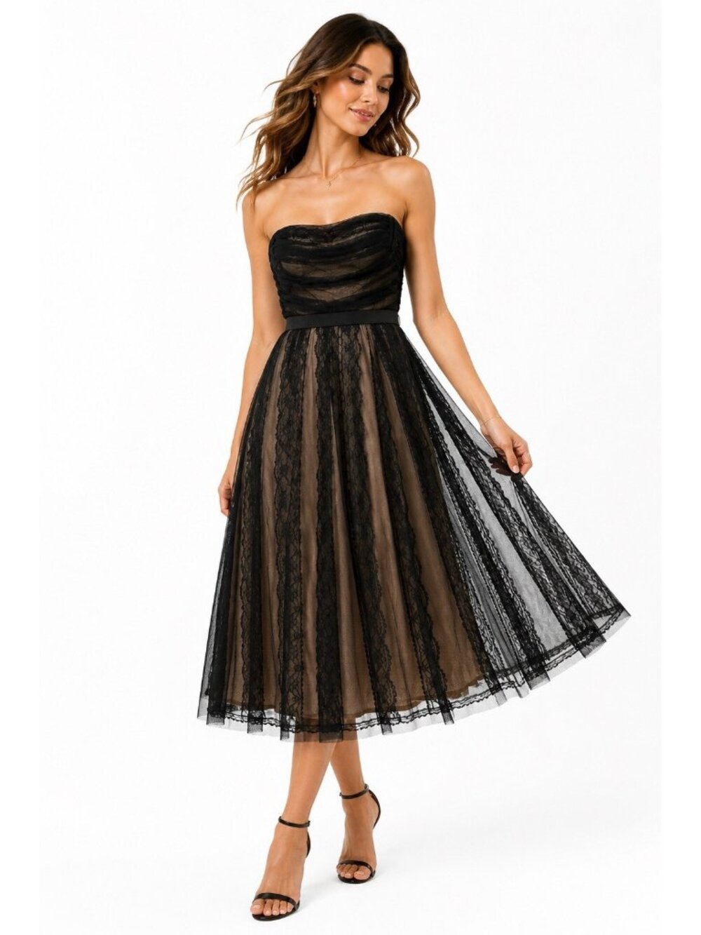 BCBG MAX AZRIA black lace midi dress XS formal wedding guest vintage inspired